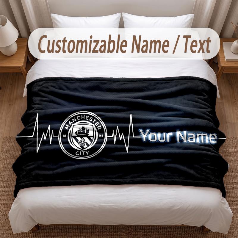 Manchester City Printed Flannel Blanket Custom Name Text Soft Warm Throw For Bedroom Holiday Gift