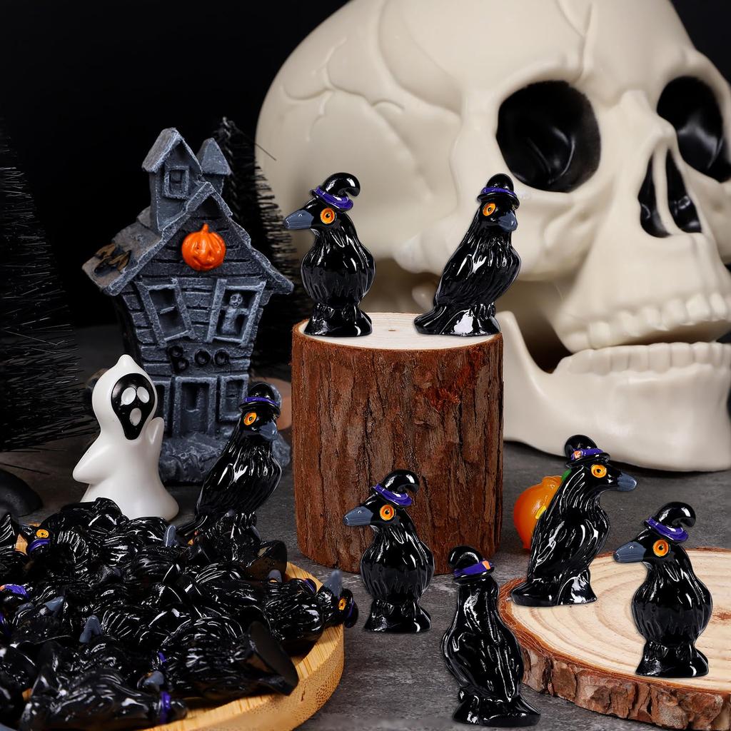 Halloween Miniature Crows Figurines Mini Resin Black Raven Figurines Small Resin Animals Tiny Figures for Halloween Scene Decor