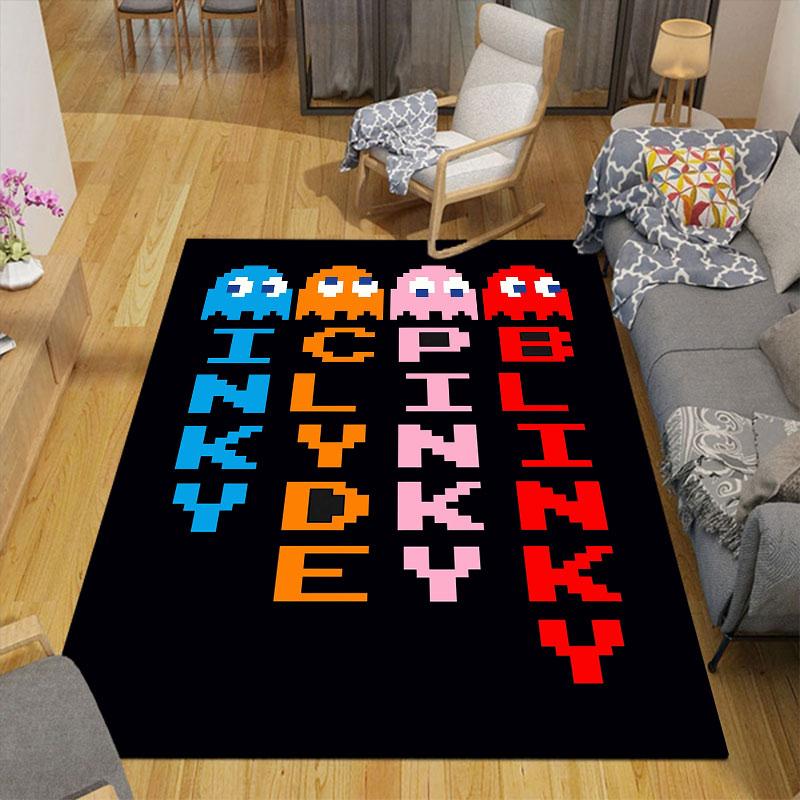 Pac‑Man Cartoon Flannel Printed Carpet, Home Sofa Decoration for Living Room & Bedroom, Non‑Slip Play Flannel Floor Mat for Game Room