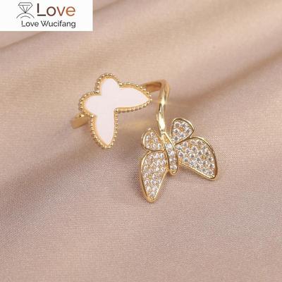 Fashion Jewelry 14K Real Gold Plating Double Butterfly Acrylic Zircon Ring Elegant Women's Daily Opening Adjustable Ring