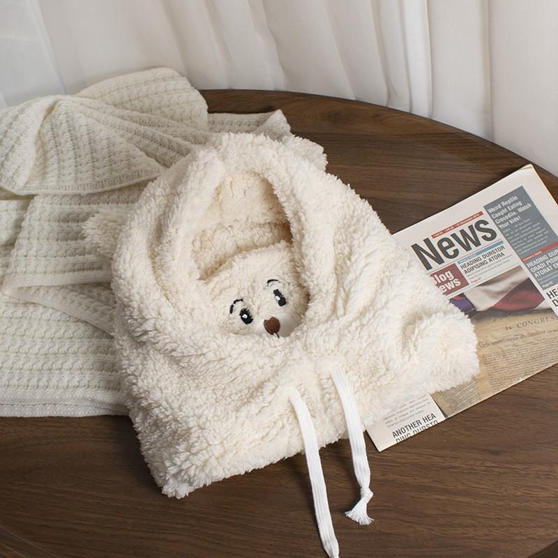 Bear mask four-piece hat winter women's hat scarf ear protection plush knitted hat big head circumference versatile thermal hat