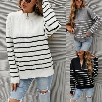 Pull rayé à demi-col roulé pour femmes, pull à la mode avec fermeture éclair sur la poitrine