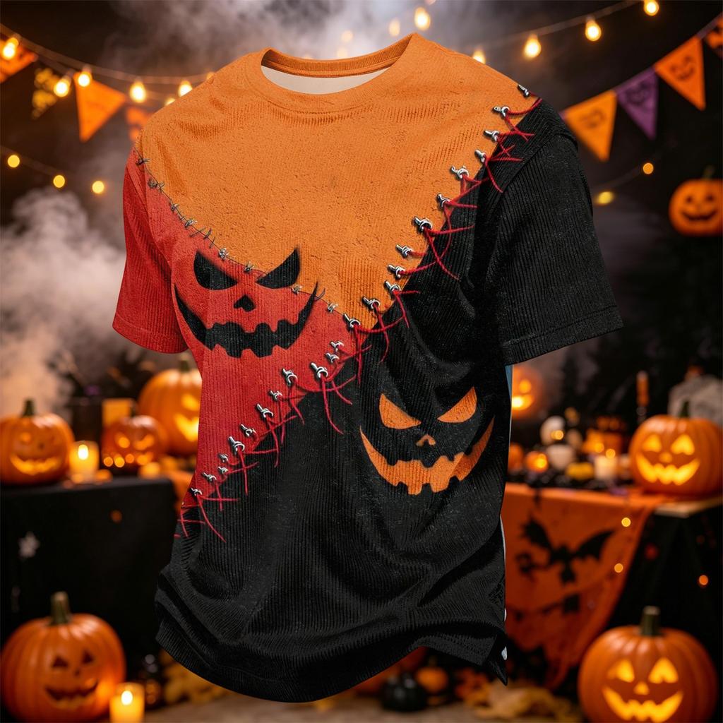 Herren Freizeit-Corduroy-Kurzarmhemd Leicht Atmungsaktiv Rundhalsausschnitt Oberteil Halloween-Muster Design Bequeme Passform