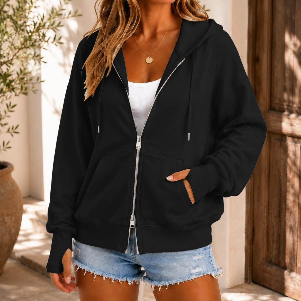Sudadera con capucha y cremallera informal de corte holgado para mujer