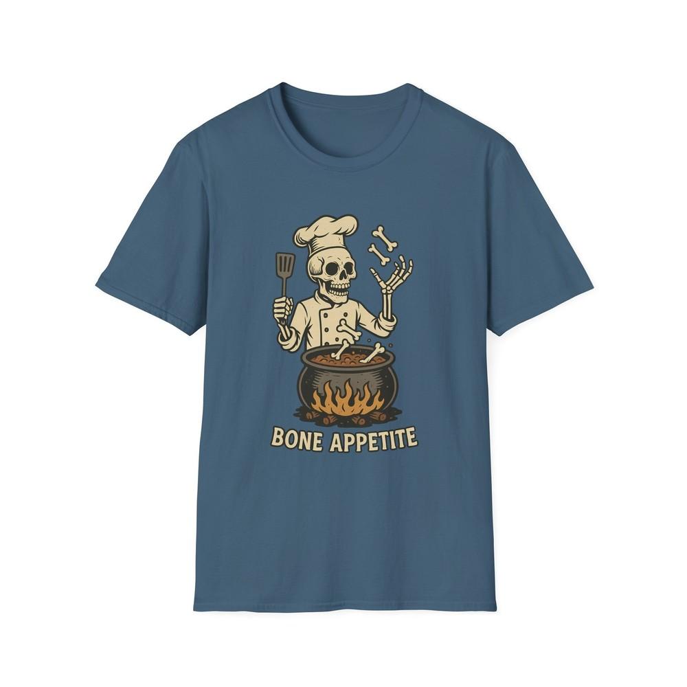 

Unisex Softstyle T-Shirt Bone Appetite Funny Skeleton Chef Halloween Cooking XL
