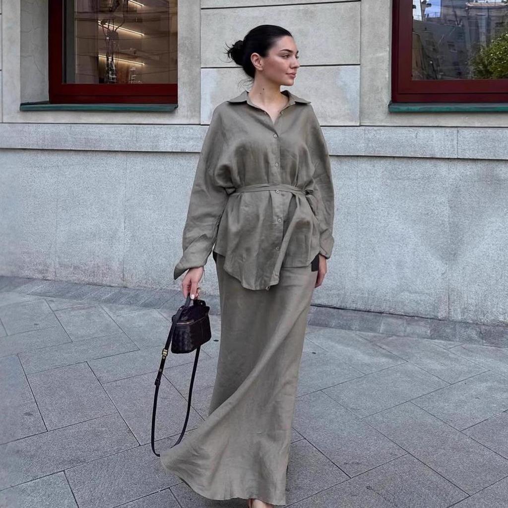 2025 Autumn Tie Waist Cardigan & Hip Wrap Skirt for Women: European, American & Middle Eastern Style