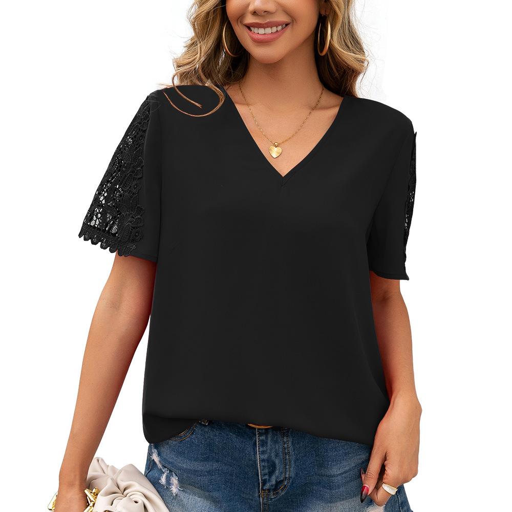 Women's Lace Hollow-Out Short Sleeve V-Neck T-Shirt, Casual Top