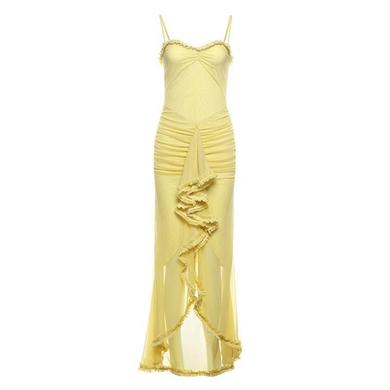 

Backless Mesh Suspender Dress Open Back Mesh Camisole Long Dress Pure Color Silm Dress Yellow L