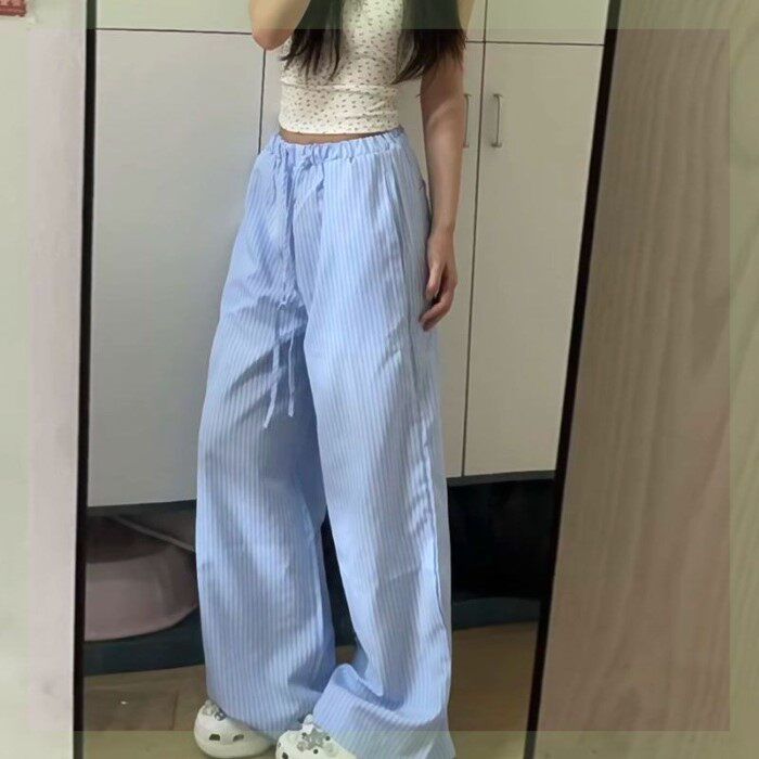 Striped Lazy Style Wide-leg Pants Vintage Summer Fresh Loose Thin Floor-length Casual Trousers Women