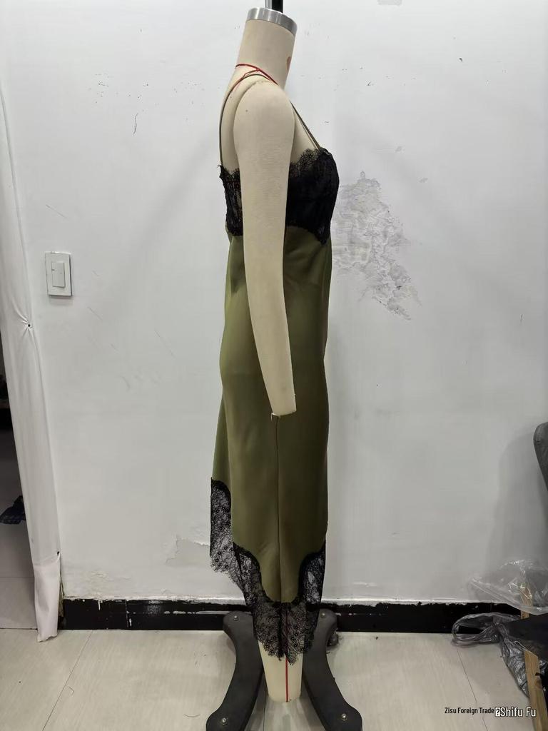Asymmetrical Lace Dress with Silk Satin Texture: European & American Women's Fashion