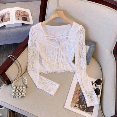 2023 manga longa rendas blusa feminina elegante primavera outono gola quadrada branco rendas até camisa doce senhoras soltas crochê topos 29896