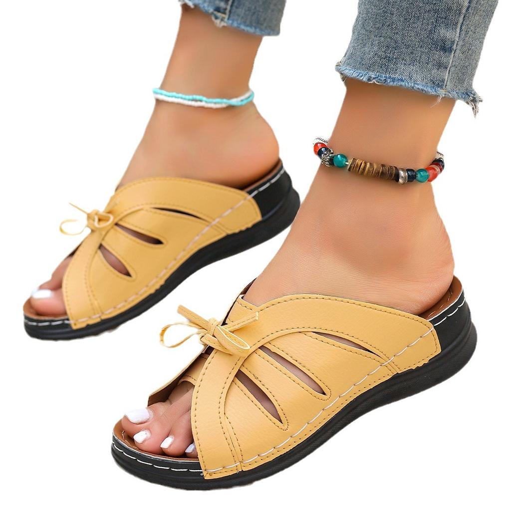 Large Size Bow Flat Bottom Wedge Slippers 2025 New Solid Color Shake Thread Hollow Foreign Trade Fish Mouth Slippers