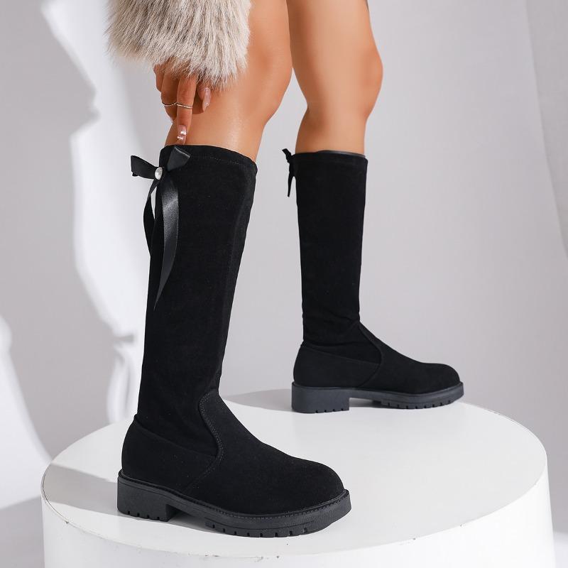 New Long Boots Autumn Foreign Air Suede Round Toe Back Thin Strap Bow Soft Sole Non-slip Wear-resistant Mid-heel High Boots