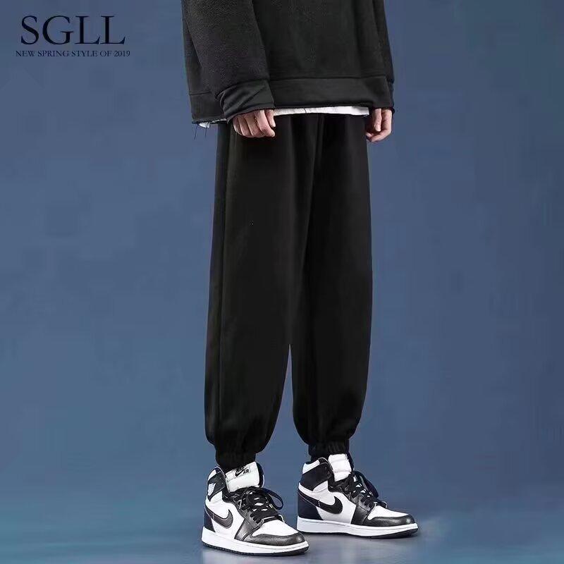 

Solid color pants men s autumn new spring and autumn tooling casual trousers loose versatile tied nine-point trousers 5XL чёрный