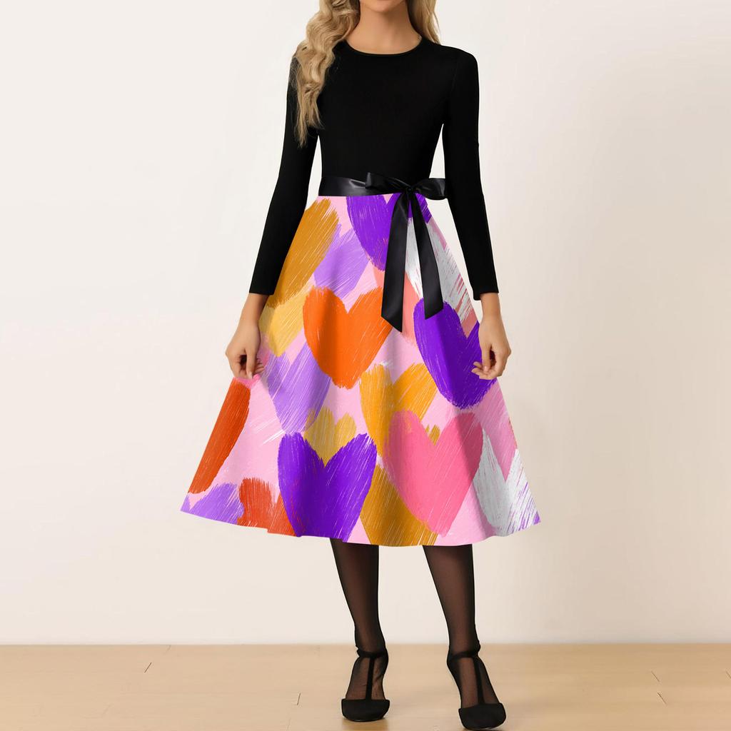 Women's Casual Fashion Round Neck Valentine's Day Printed Retro Dress