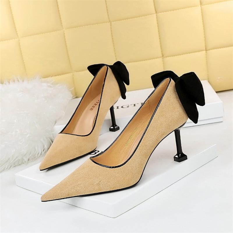 Mode Elegante Frauen Flacher Mund Dünne High Heels Pumps Süße Nette Hochzeit Spitz Zurück Bogen Prom Wildleder Einzelne Schuhe