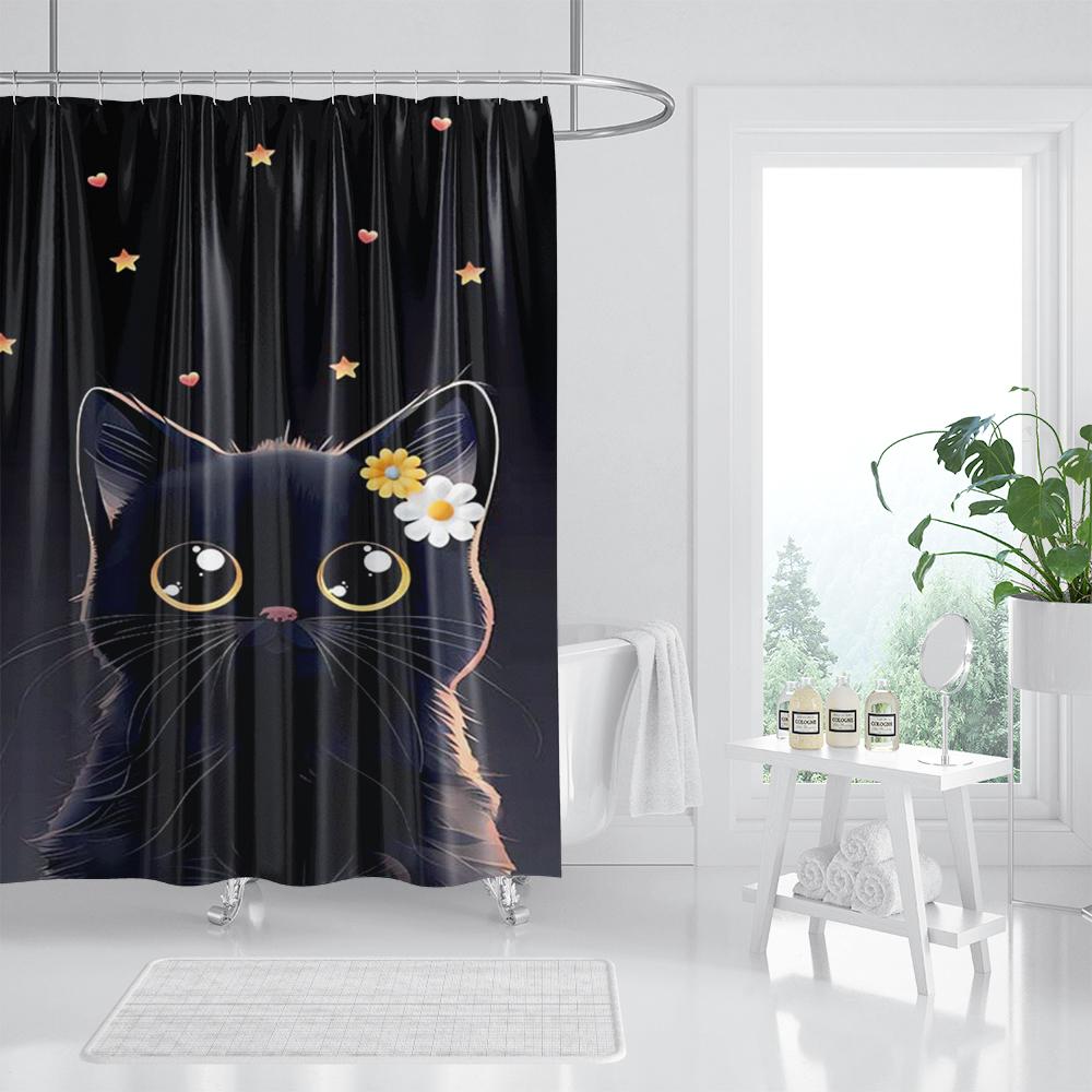 Three Funny Naughty Black Cat Shower Curtain Scratching The Wall with His Paws Fabric Bathroom Decor Set Hooks White and Black