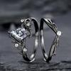 Vintage Gothic Black Color Branch and Leaf Set Zirconia Ring, Personalized Punk Style Women's Holiday Party Jewelry Accessories
