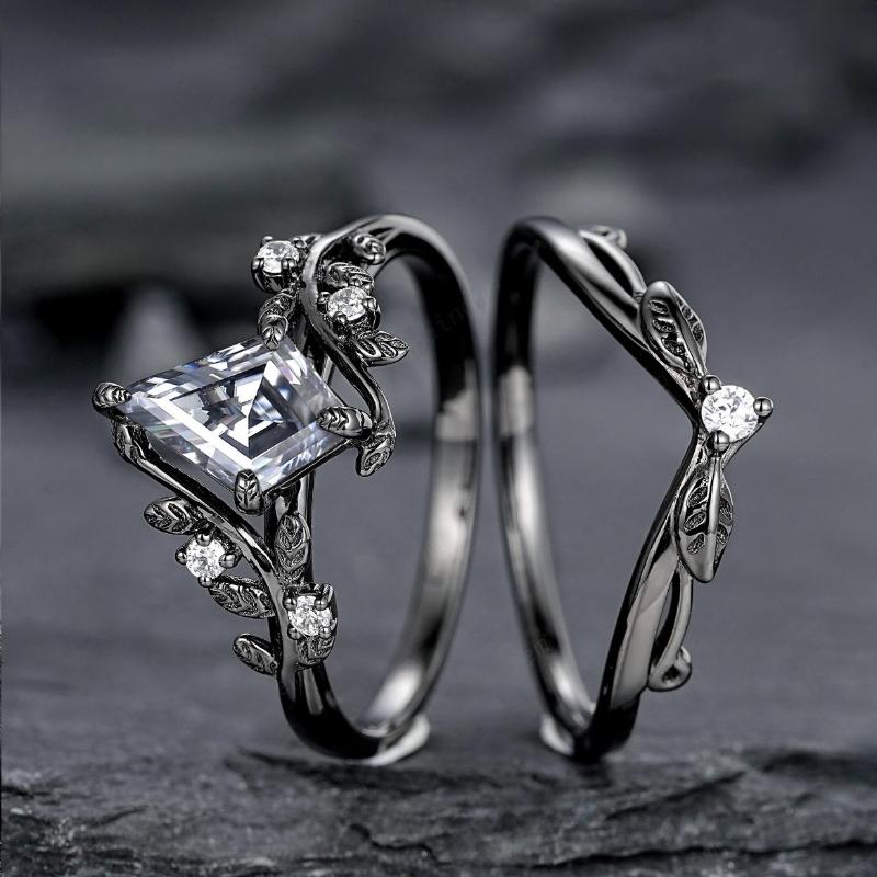 Vintage Gothic Black Color Branch and Leaf Set Zirconia Ring, Personalized Punk Style Women's Holiday Party Jewelry Accessories