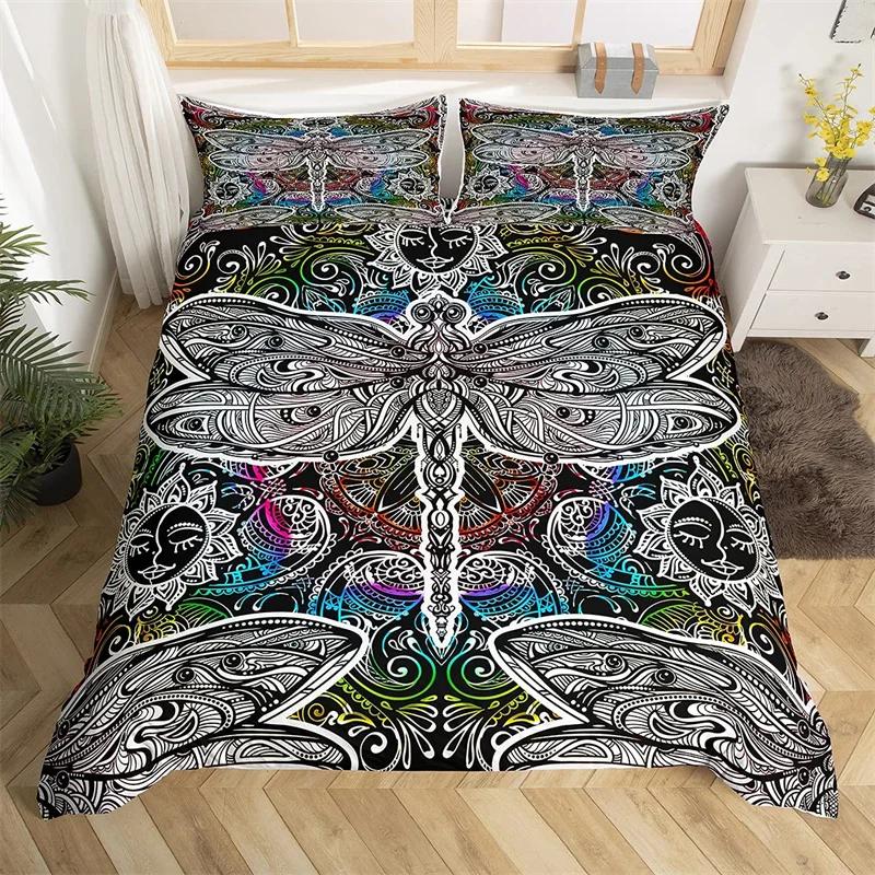 Comforter Dragonfly King Queen Size Chic Animal Comforter Microfiber Bohemia Mandala Bedding Set Flowers Bed
