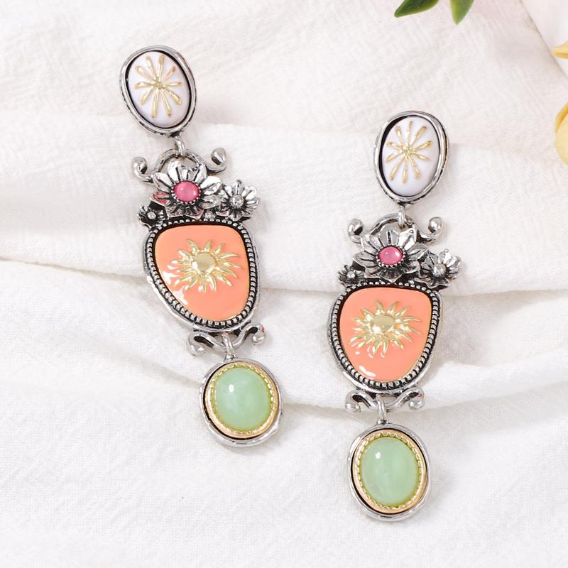 Vintage Exaggeration Alloy Drop Oil Flower Green Beads Dangle Earrings Bohemian Style Charm Holiday Party Jewelry Accessories
