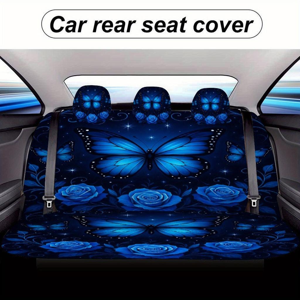 Blue Butterfly Roses Designed Car Seat Cover Set For Most Cars, High-quality Comfortable Car Seat Protector Covers Full Set, Uni