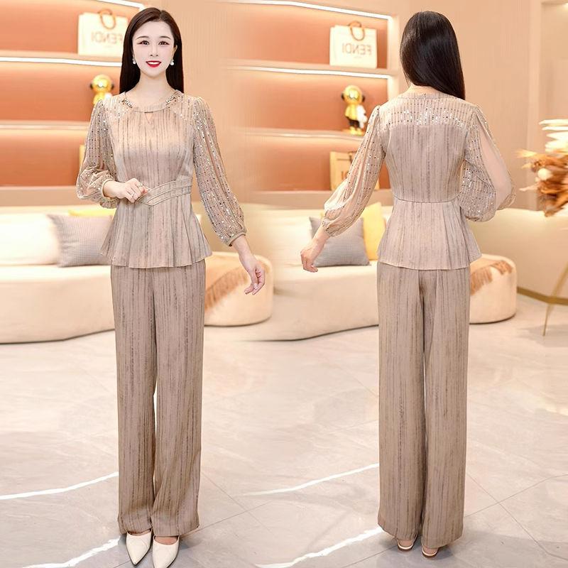

2025 Trendy Women s Slimming Suit: Spring Full Set with Long Sleeve Top & Wide Leg Pants L (100-115 lbs)