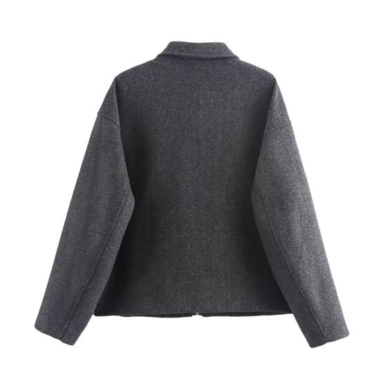 Damjacka i ull med dragkedja, lång ärm, slag, kort erdbönskappa, ledig höst/vår ytterkläder med fickor