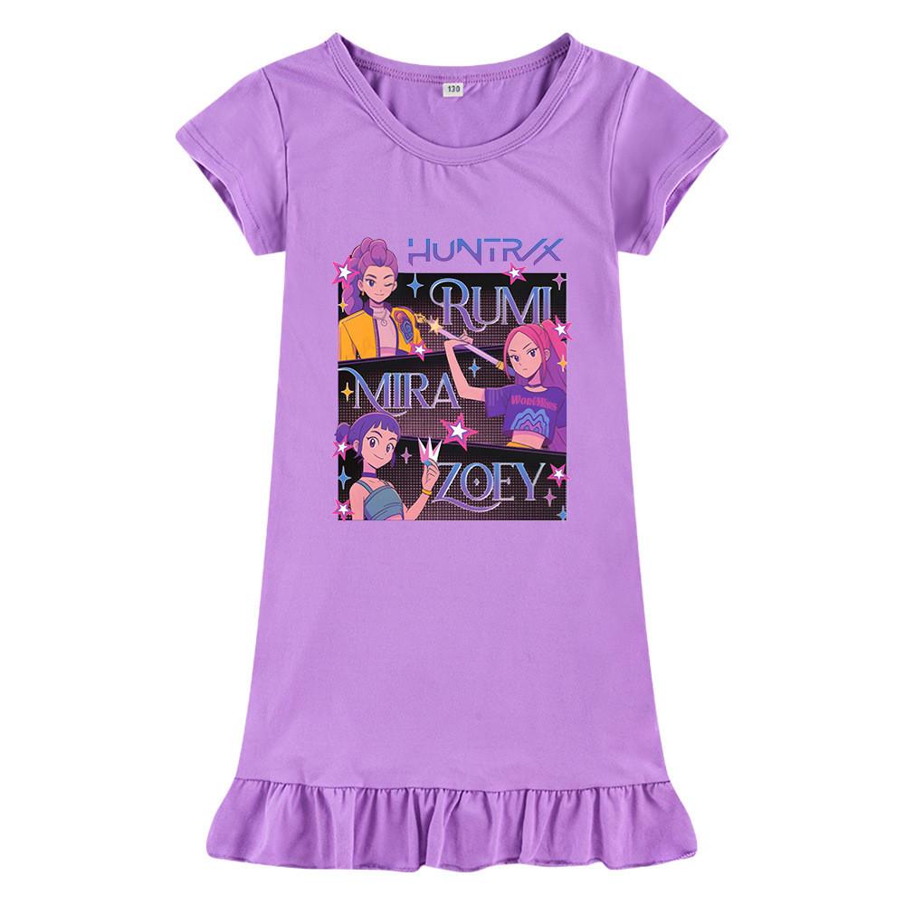 M1225 Kids Girls Kpop Rumi Zoey Mira Print Short Sleeves Ruffle Dress