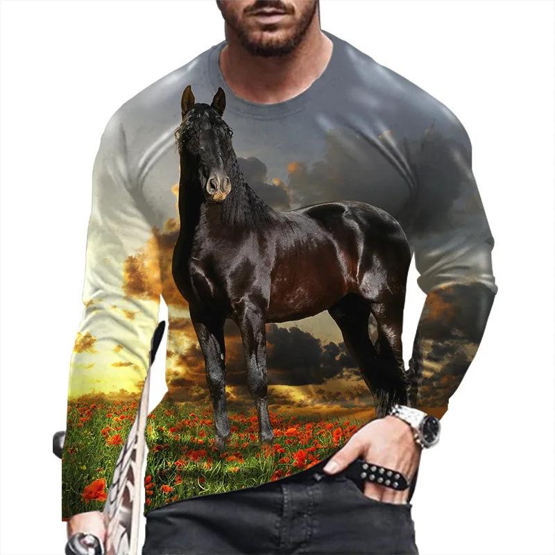 Essential 3D horse print long sleeve T-shirt, casual men's stylish top.