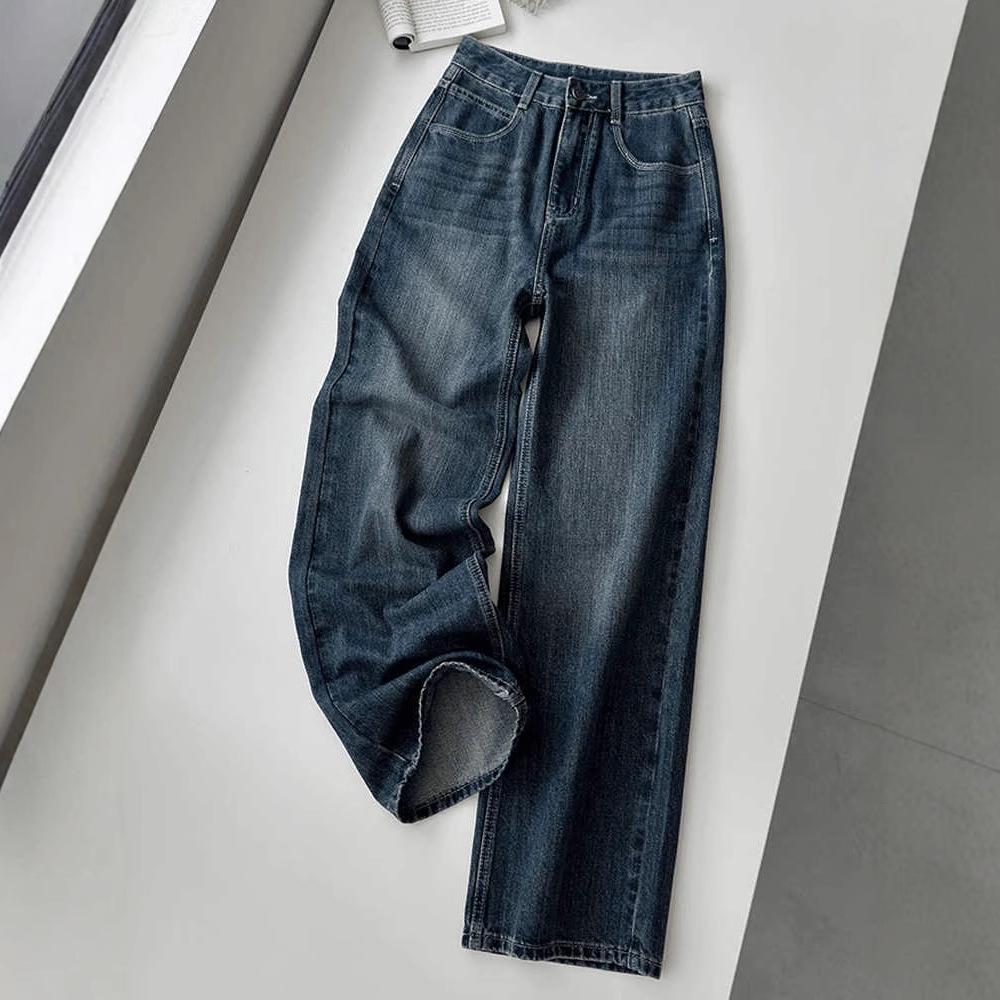 2024 Women’s Plus Size High-Waisted Blue Retro Wide-Leg Jeans