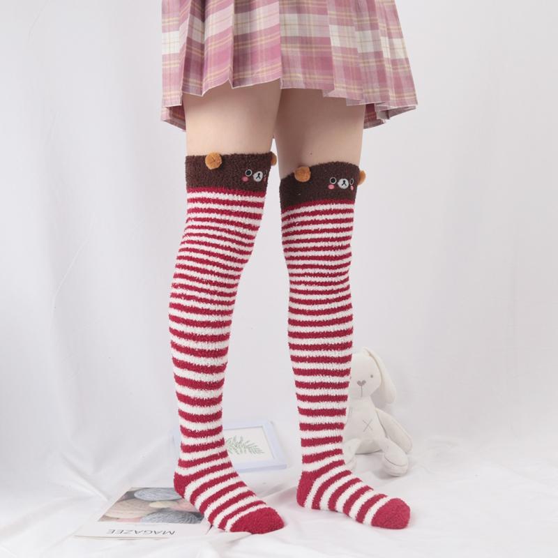 Women Girl Cute Winter Striped Coral Velvet Long Socks Warm Thicke Knee Length Socks Cute Bear Fox Sheep Home Towel Stockings