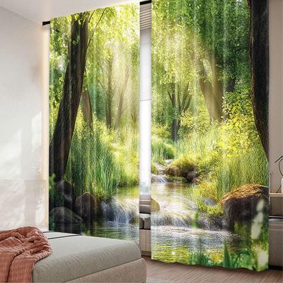 Set Of 2 Forest Curtain Stream Cascade Tropical Among Trees Jungle Woodland Serene Landscape Suitable Living Room Polyester Ideal For