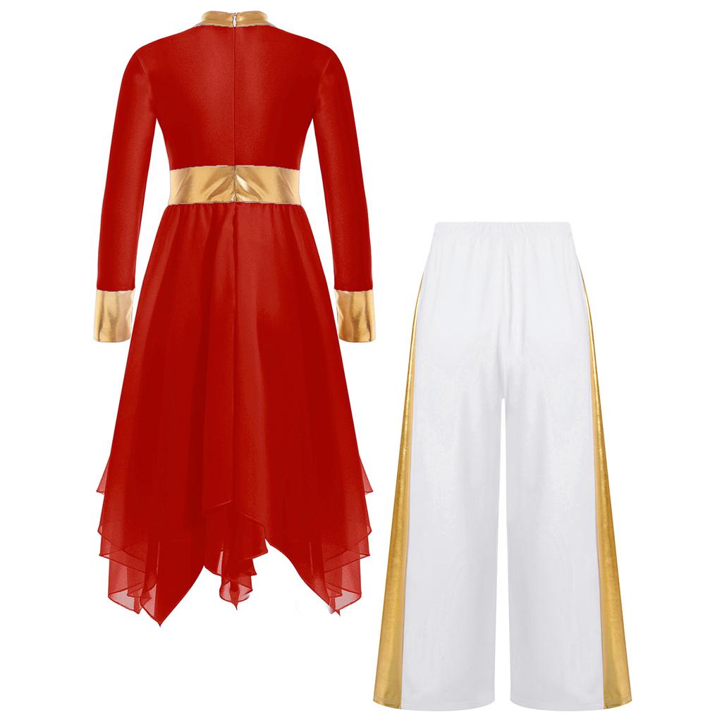 Mädchen Liturgisches Tanzoutfit Langarm Colorblock Metallic Lyrisches Kleid Weitbeiniges Hosen-Set