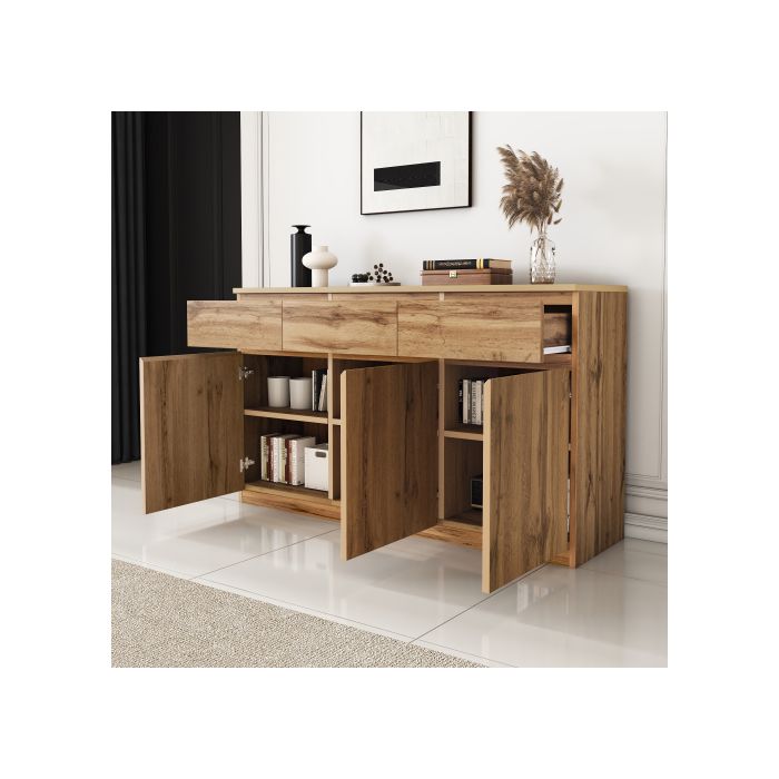 Buffet Multifonctionnel Avec 3 Portes Et 3 Tiroirs, Meuble De Cuisine Spacieux, 135*40*81 Cm