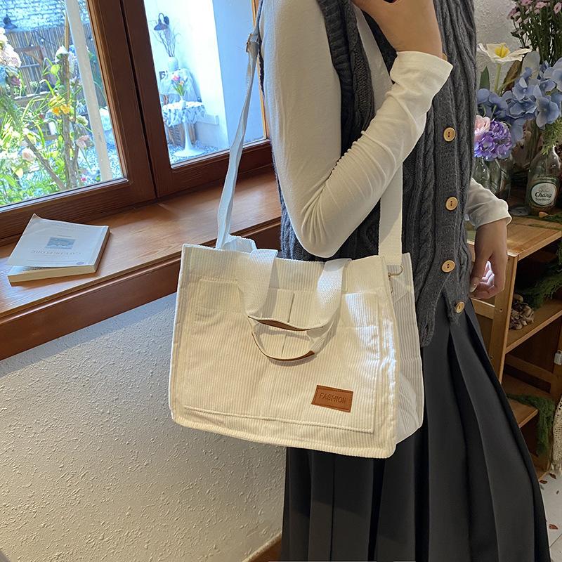 Corduroy Tote Bag for Women Large Capacity Shoulder Bag Casual Crossbody Handbag with Adjustable Strap Multi Pocket Canvas Shopper Purse for Daily Use