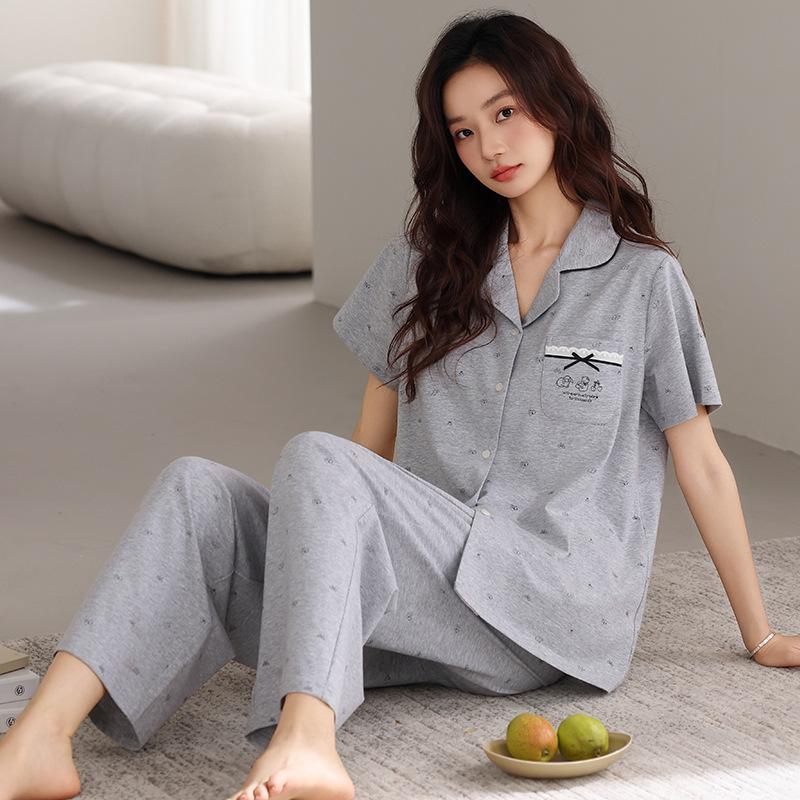 Pajamas with chest pads, women's summer thin cotton short-sleeved trousers, large size casual and high-end sense, can be worn outside loungewear