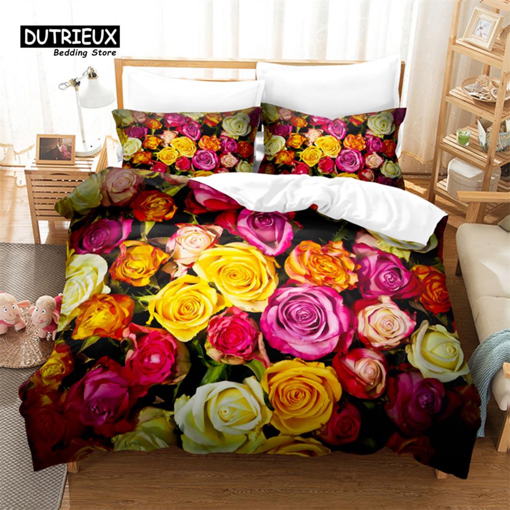 Pink Roses Bedding Set, 3Pcs Duvet Cover Set, Soft Comfortable Breathable Duvet Cover, For Bedroom Guest Room Decor