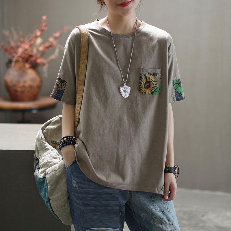 Dimanaf Summer Women T-Shirt Cotton Tshirt Fashion Floral Print Patchwork Tops Tees Home Wear Shirt Loose Casual