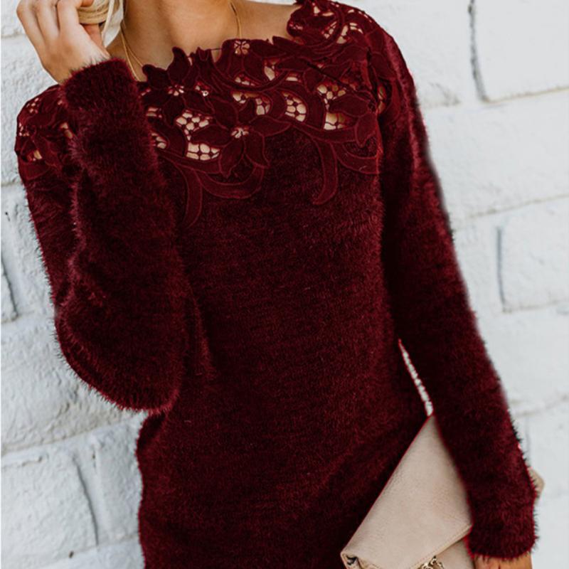 Hauts pour femmes Pull en dentelle creuse Col rond Manches longues Robe décontractée Slim Haut à manches longues pour femmes