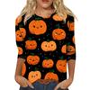 Women's Casual Halloween Print Round Neck Three Quarter Sleeve T Shirt Top Lightweight Comfortable Fit for Seasonal Wear