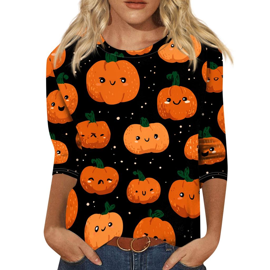Women's Casual Halloween Print Round Neck Three Quarter Sleeve T Shirt Top Lightweight Comfortable Fit for Seasonal Wear