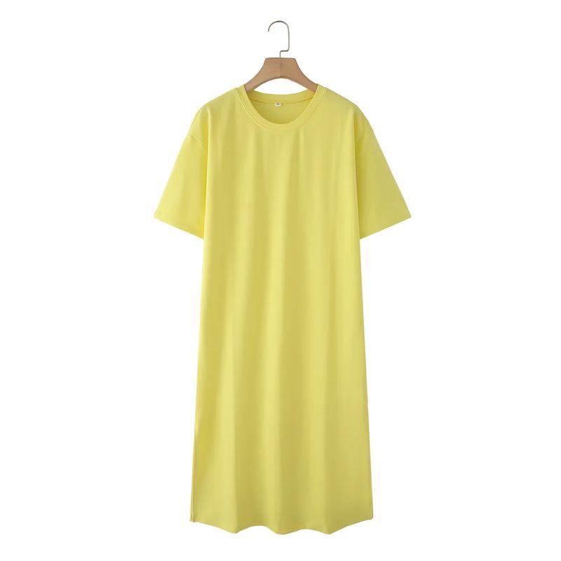 Summer New Product Women's Clothes Round Neck Short Sleeve Slit Design Cotton Long A- Line T-shirt Dress 4174465