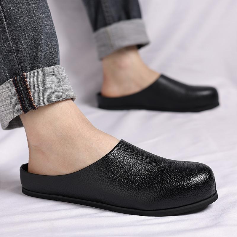 Fashion Genuine Leather Men Shoes Fashion Baotou Half Slippers Classic Mule Shoes Non-slip Chef Shoes for Men Comfortable Loafers Slides
