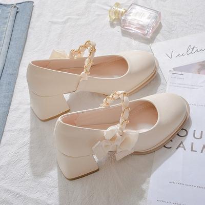 Leather Single Shoes Women's 2024 Spring New High Heels French Niche Bow Thick Heel with Skirt Mary Jane Shoes