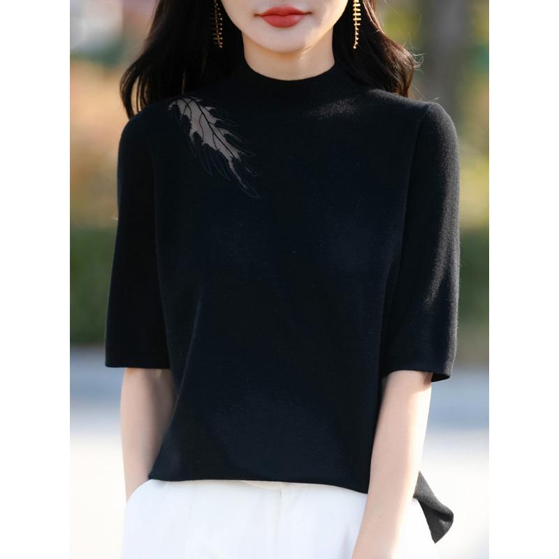 Damen Frühling und Sommer Neu Halboher Kragen Halbarm Kammgarn Strickpullover Spitze Spleißen Unterhemd Dünnes T-Shirt