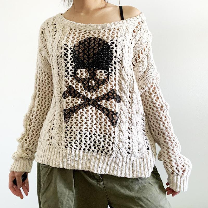 Sweater y2k Aesthetic Gothic Hollow Out Long Sleeve Tops Punk Style Crochet Pullover Knitwear Women Streetwear