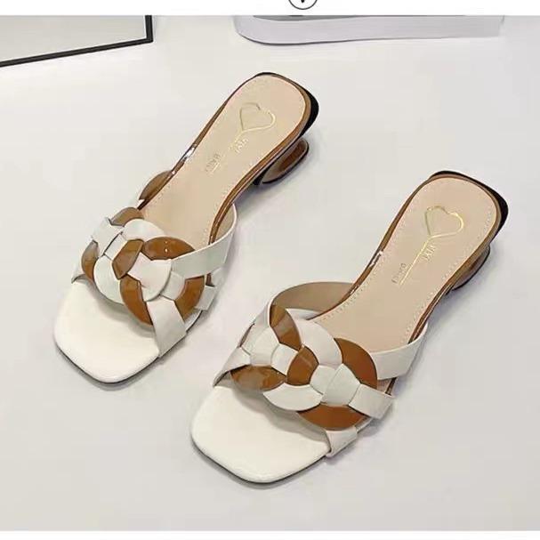 2025 summer new British style color matching cross with cool slippers women wear thick heel high heel cool slippers women