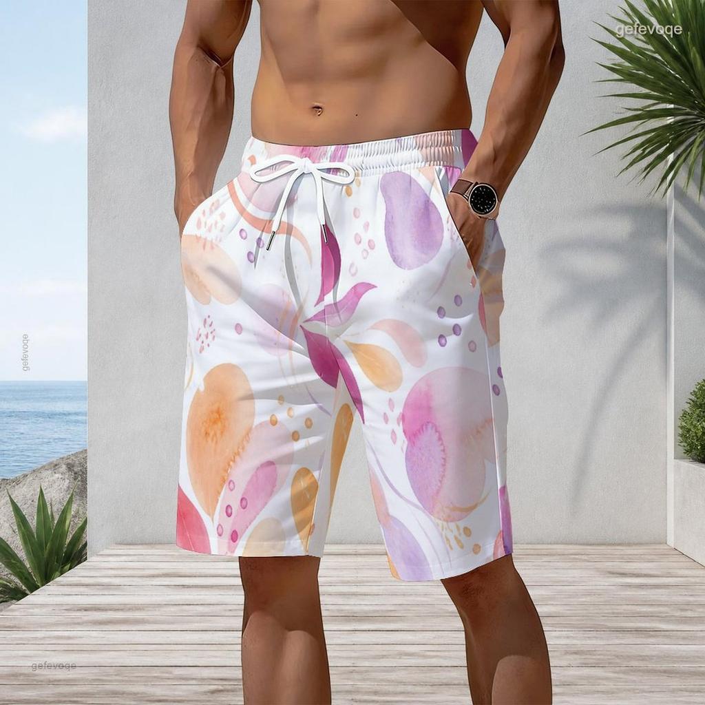 Men s Plus Size Multicolor Printed Beach Shorts Drawstring Waist Side Pockets Straight Leg