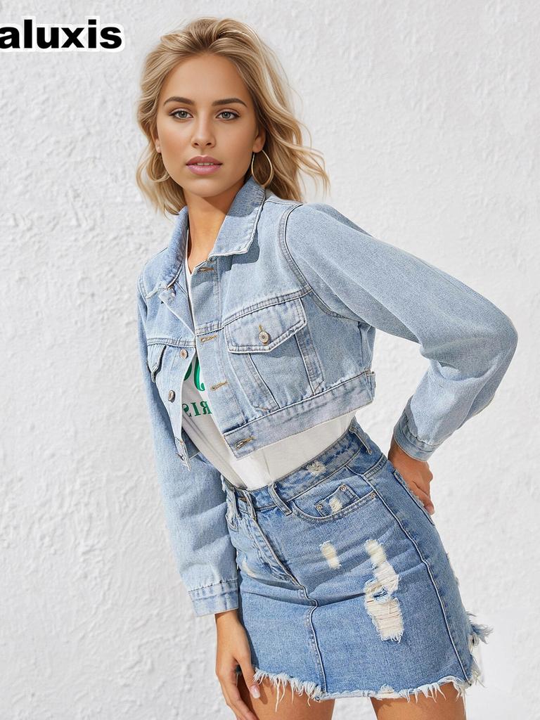 Women's Fashion Turn-Down Collar Short Denim Jacket Coat
